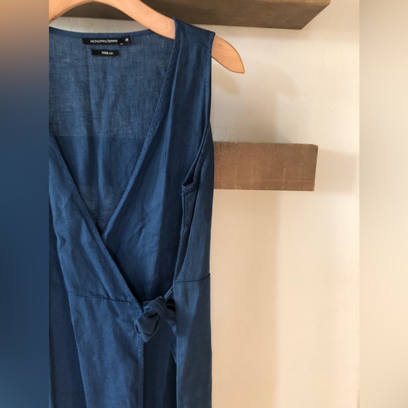 Blue Linen true wrap midi dress, sleeveless•••Large, Monoprix Femme—Feminine - Picture 6 of 9